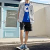 Camicia a maniche corte a righe con bottoni Taglie asiatiche “Blu”