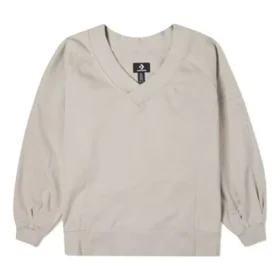 Felpa con cappuccio beige a V in maglia larga a tinta unita