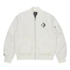 Giacca aviator retrò sportiva ampia con logo SS22, modello per coppia, bianca