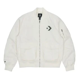 Giacca aviator retrò sportiva ampia con logo SS22, modello per coppia, bianca