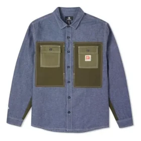 Giacca-camicia da uomo Converse Flowers con piccolo logo, cuciture retrò e colori a contrasto, blu