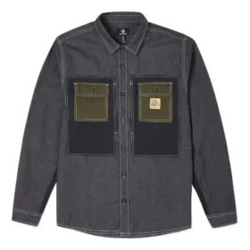 Giacca-camicia da uomo Converse Flowers con piccolo logo, stile retrò, cuciture a contrasto e tessuto intrecciato, nero scuro