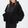 Giacca con cappuccio in lana d’agnello con zip integrale, nera