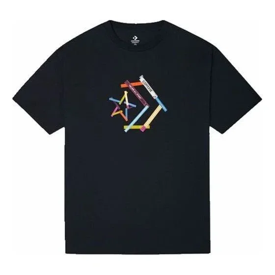 Maglietta sportiva a maniche corte con stampa a stella e chevron, collo rotondo, taglie asiatiche “Black”